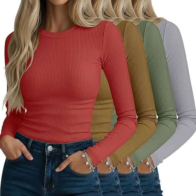Neer 4 Pack Women's Ribbed Long Sleeve Shirts, Cotton Crew Neck Slim Fit Tops Stretch Knit Casual Base Layer Basic Tee Shirts