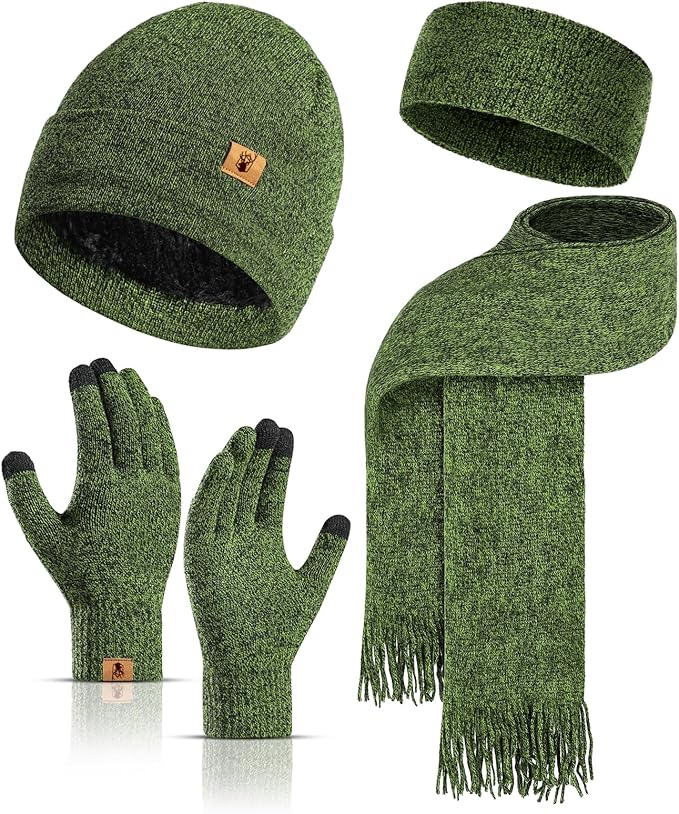 Winter Warm Beanie Hat Touchscreen Gloves Long Scarf Set for Women with Headband, Knit Cap Scarves with Tassel for Women