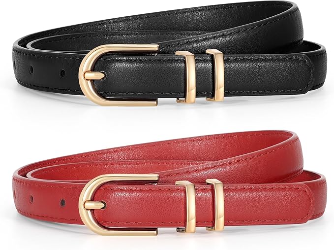 2 Pack Women Skinny Leather Belts for Jeans Pants Thin Faux Leather Belt with Gold Buckle