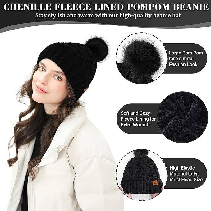 Womens Winter Beanie Hats Scarf Touchscreen Gloves Set Chenille Knit Fleece Lined Beanies Pompom Hat Scarves