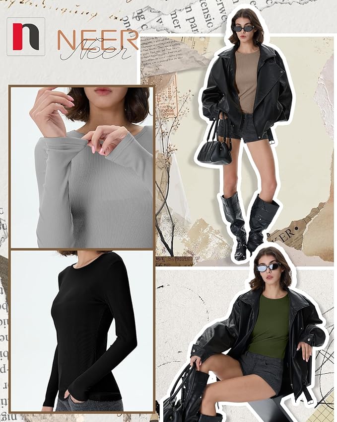 Neer 4 Pack Women's Ribbed Long Sleeve Shirts, Cotton Crew Neck Slim Fit Tops Stretch Knit Casual Base Layer Basic Tee Shirts
