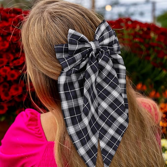 Hoteam 16 Pcs Silky Satin Hair Bows Bulk for Women Large Hair Ribbons Oversized Bows Oversized Long Tail Large Bow-knot Clips Accessories Gifts(Plaid)