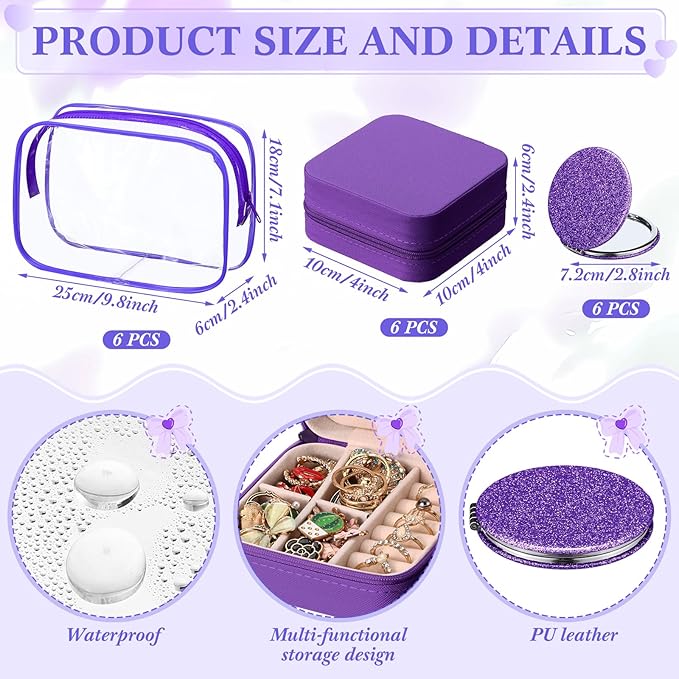 Spa Party Favors Pink Sleepover Party Supplies Bow Headband Wristband Scrunchies Hair Clip Jewelry Case Makeup Bag Mirror for Women Bridesmaid Return Gifts(Purple,48 Pcs)
