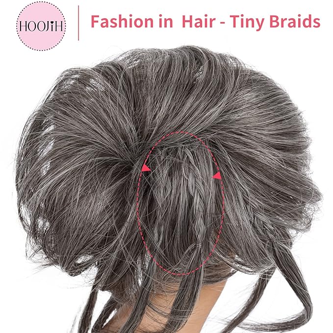 HOOJIH Messy Bun Hair Piece, Super Long Tousled Updo Hair Bun Extensions Wavy Hair Wrap Ponytail Hairpieces Scrunchies with Elastic Hair Band for Women HB007 Grace - Gray with Deep Brown Mixed