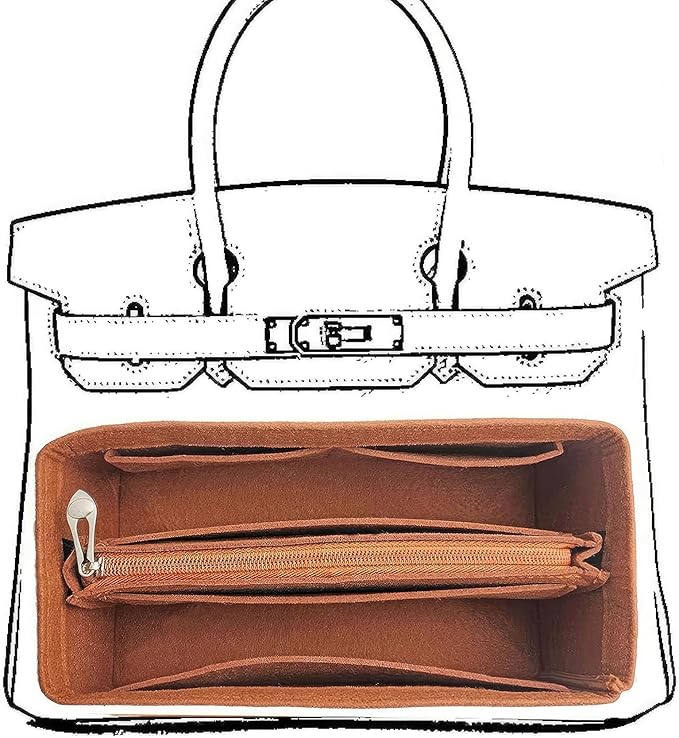 Purse Organizer Insert For Birkin 25 Bag, Felt Insert Organizer With Zipper, Large Capacity,Women’s Handbags Shaper (25,Orange)