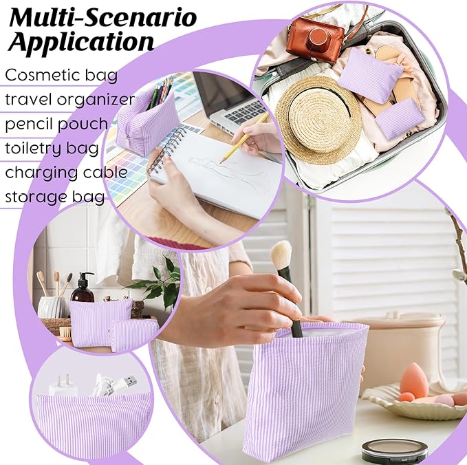 2 Pieces Makeup Bag Set Cute Cosmetic Pouch for Women Seersucker Travel Toiletry Bag Preppy Small Makeup Purse Pouch Aesthetic Skincare Brushes Storage Organizer for Christmas Women(Purple)