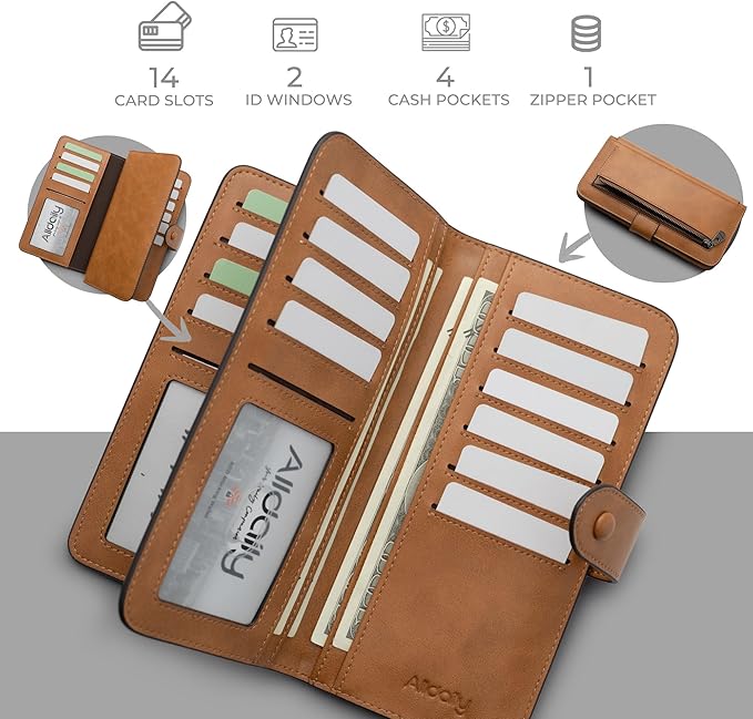 RFID Blocking Leather Wallet for Women, Slim Trifold with 14 Card Slots and Zipper Pocket (Brown)