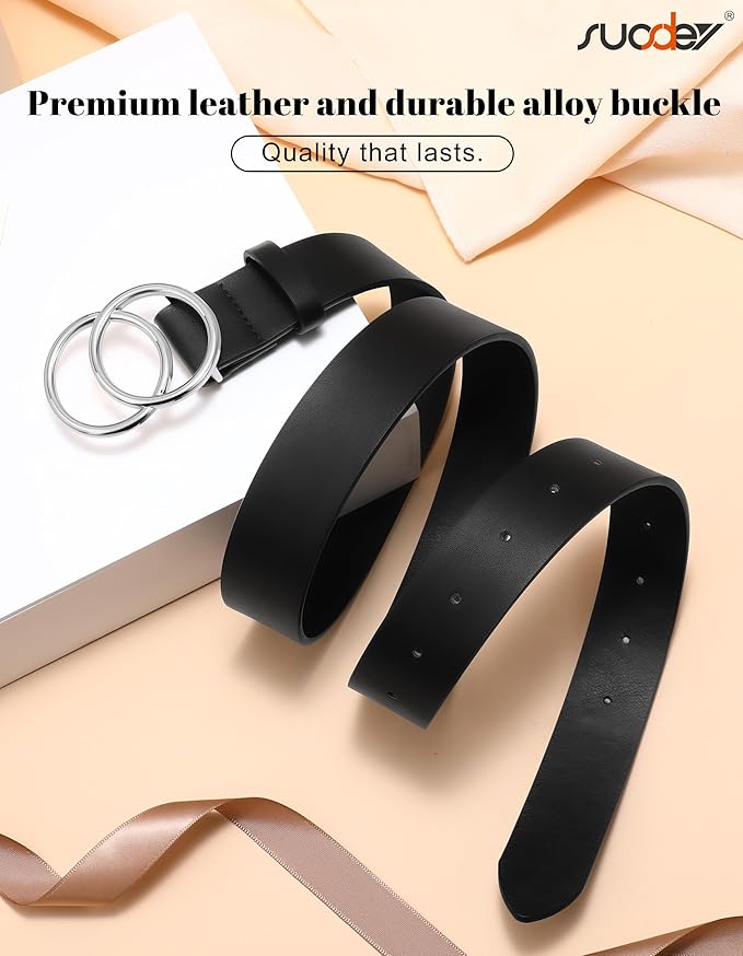 SUOSDEY Women Leather Belt Fashion Double O-Ring Soft Faux Leather Waist Belts For Jeans Dress
