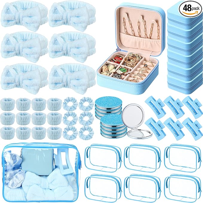 Spa Party Favors Pink Sleepover Party Supplies Bow Headband Wristband Scrunchies Hair Clip Jewelry Case Makeup Bag Mirror for Women Bridesmaid Return Gifts(Blue,48 Pcs)