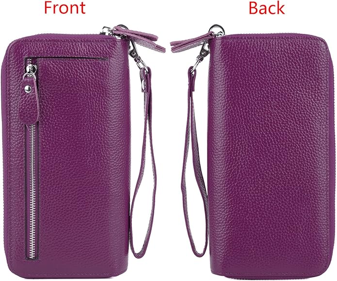 YALUXE Real Leather Zip Around Wallet RFID Blocking Wristlet Handbag Purse Clutch with Double Zipper Pockets