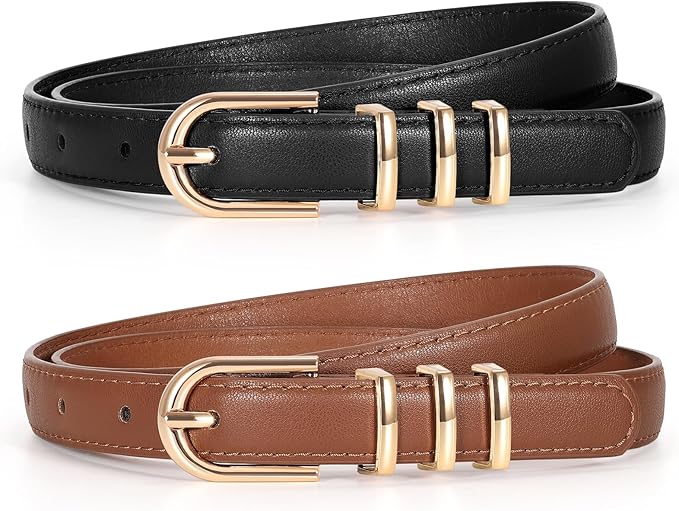 2 Pack Women Skinny Leather Belts for Jeans Pants Thin Faux Leather Belt with Gold Buckle