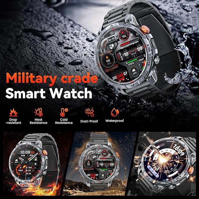 Military Smart Watches for Men,1.75″ Smartwatch with 100-Day Ultra-Long Battery/Flashlight,Fitness Watch for Heart Rate/Sleep/Calling/110+ Sports Mode Smart Watch for Android iOS 1000 mAh