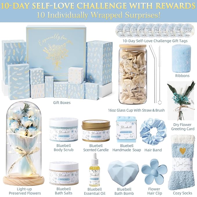 Valentines Gifts for Women & Teenage Girls, 10 Day Self Love Challenge to Unlock 10 Wrapped Spa Gift Baskets, Tween Teen Girl Trendy Stuff Bath Shower Sets Self Care Birthday Gifts Stocking Stuffers