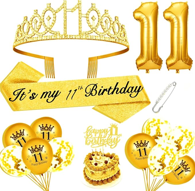 11th Birthday Decorations for Her Girls Set, Include 11th Birthday Crown and 11 Sash, 11th Birthday Cake Topper and 11 Birthday Candles, Gold 11 Balloons, Women 11th Party Supplies(Gold)