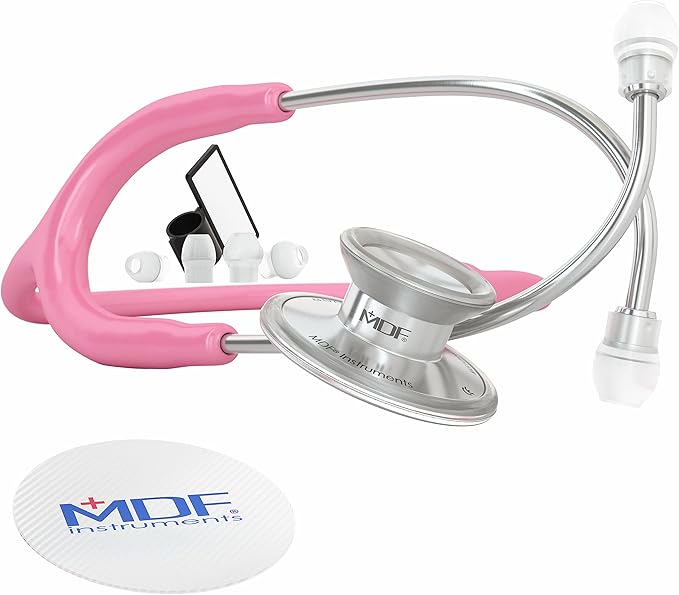 MDF Instruments, Acoustica Lightweight Stethoscope for Doctors, Nurses, Students, Home Health Use, Adult, Dual Head, Pink Tube, Silver Chestpiece-Headset, MDF747XP01