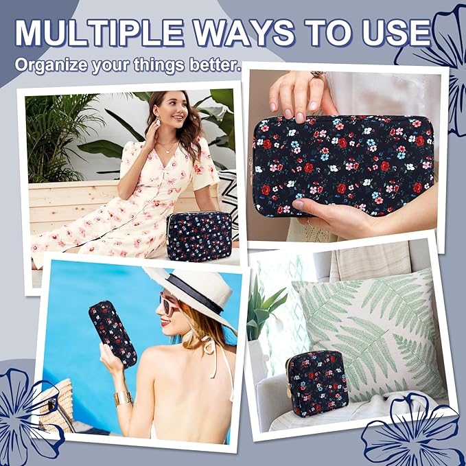 Waterproof Small Floral Pencil Case Makeup Bag for Purse,Cute Flower Pencil Pouch Preppy Nylon Makeup Brush Holder with Zipper,Girls Portable Storage Case Pen Bag for Work(Slim Black-Flowers)