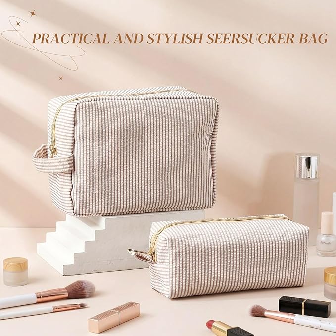 Sanwuta 2 Pcs Makeup Bag Set Seersucker Cosmetic Bag for Women Cute Stripe Travel Toiletry Organizer Aesthetic Preppy Storage Pouch for Girls Wedding Bridesmaid Valentine's Day Gifts(Brown)
