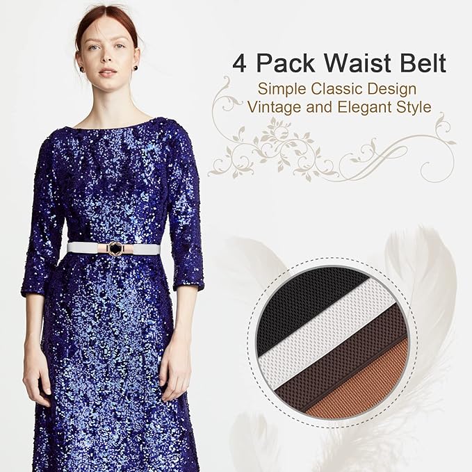 WERFORU Women Skinny Belt for Dresses Retro Stretch Waist Belt with Gold Buckle Set of 4