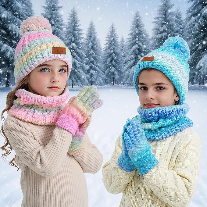 4 Pieces Winter Hat Scarf Glove Set for Women,Fleece Lined Beanie with Pom Pom,Touchscreen Gloves Knit Scarf for Cold Weather