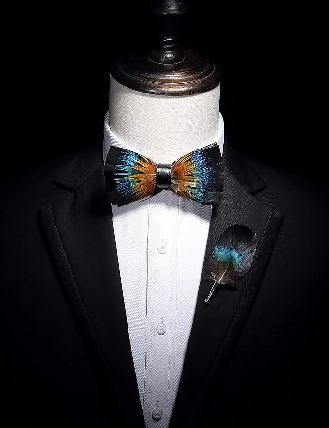 RBOCOTT Handmade Feather Pre-tied Bow tie and Brooch Sets for Men
