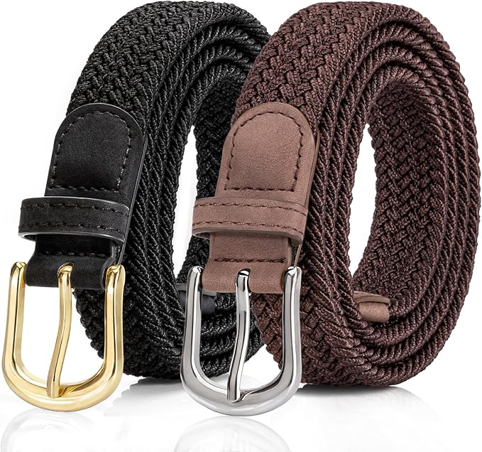 2 Pack Braided Belt for Women, Elastic Woven Stretch Fabric Cloth Belt with Gold Buckle