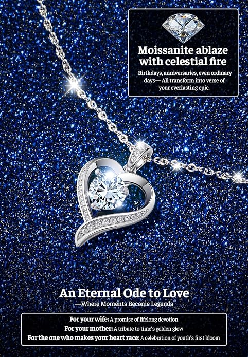 Heart Pendent Necklaces for Women, 1-3ct Moissanite Necklace with I love U Engraving - Anniversary Birthday Gifts for Women Her Wife Girlfriend Mom, 925 Silver Jewelry