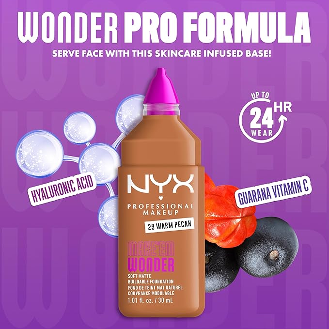 NYX PROFESSIONAL MAKEUP Make 'Em Wonder Liquid Foundation, 24HR Foundation Makeup With A Soft Matte Finish, Buildable Full Coverage - 29 Warm Pecan