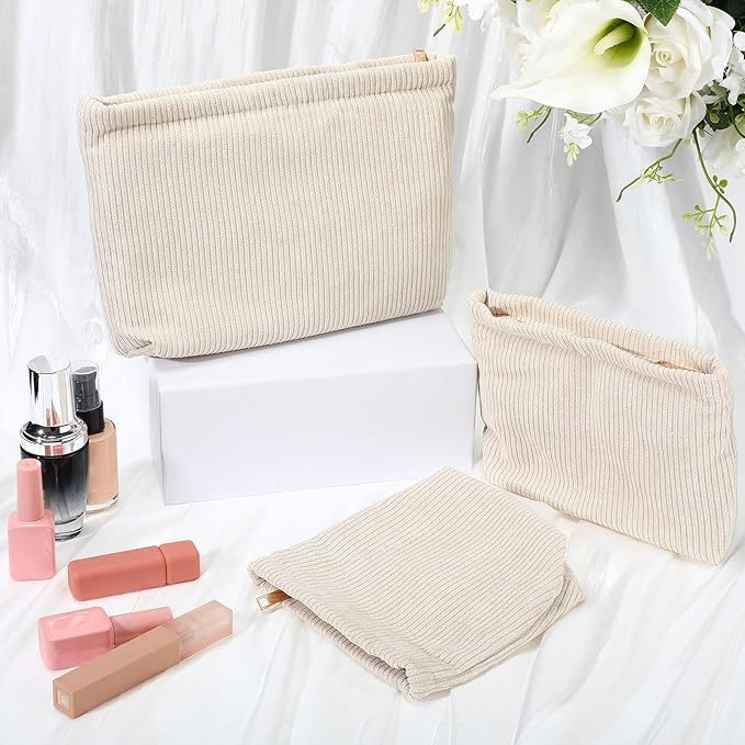 Sanwuta 3 Pack Corduroy Makeup Bag Set Cosmetic Toiletry Travel Pouch Organizer Velvet Makeup Bag for Women Large Pouch Zipper Purse Make up Organizer, Women Girls Gift(Beige)