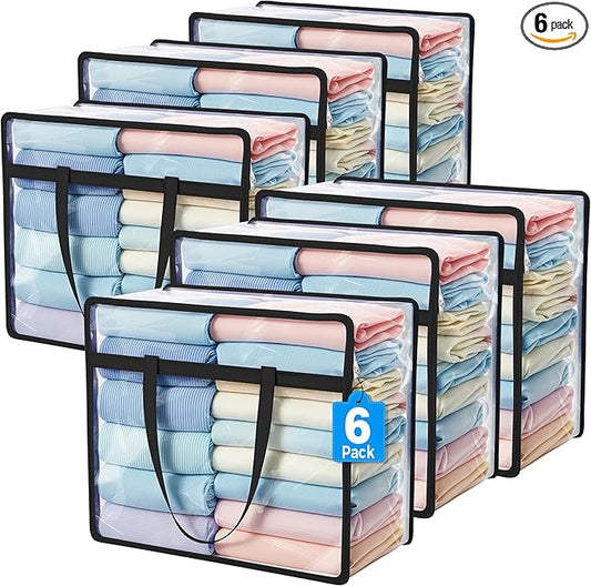 Budding Joy 6 Pack Clear Zippered Storage Bags for Clothes,40L Closet Organizers and Storage Containers Vinyl Moving Bag for Bedding, Linen, Blankets, Comforters, Clothing & Toys, Black