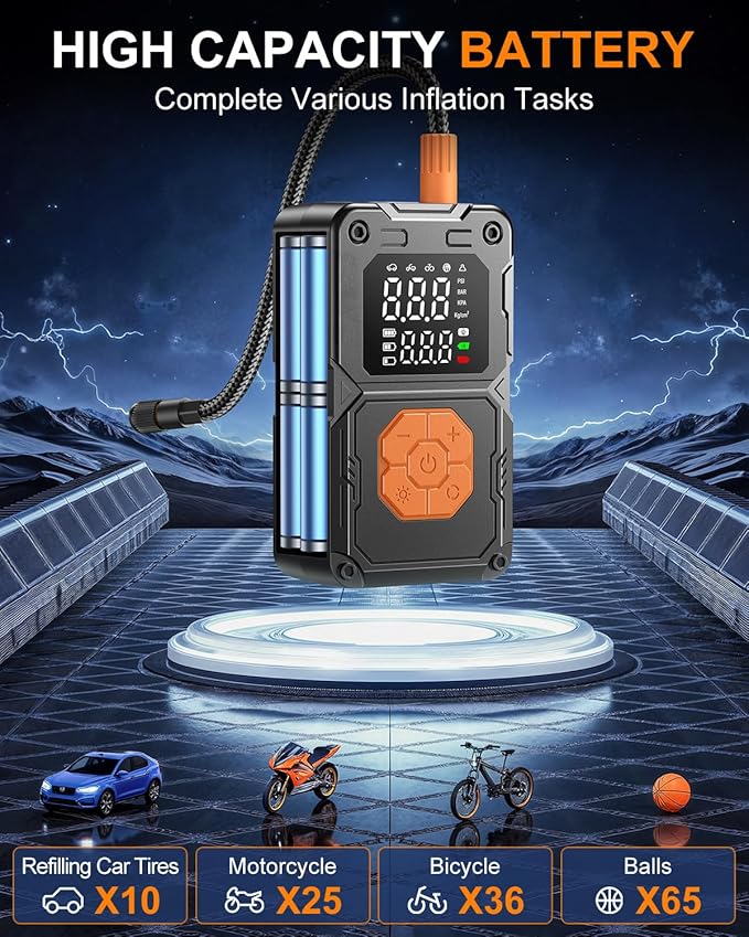 Tire Inflator Portable Air Compressor, 150PSI Cordless Air Pump for Car Tires, Bike Tire Pump with LED Light & Pressure Gauge, Portable Tire Inflator For Car Motorcycle Balls Bike Pump
