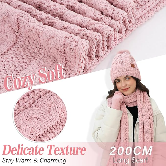 Womens Winter Beanie Hats Scarf Touchscreen Gloves Set Chenille Knit Fleece Lined Beanies Pompom Hat Scarves