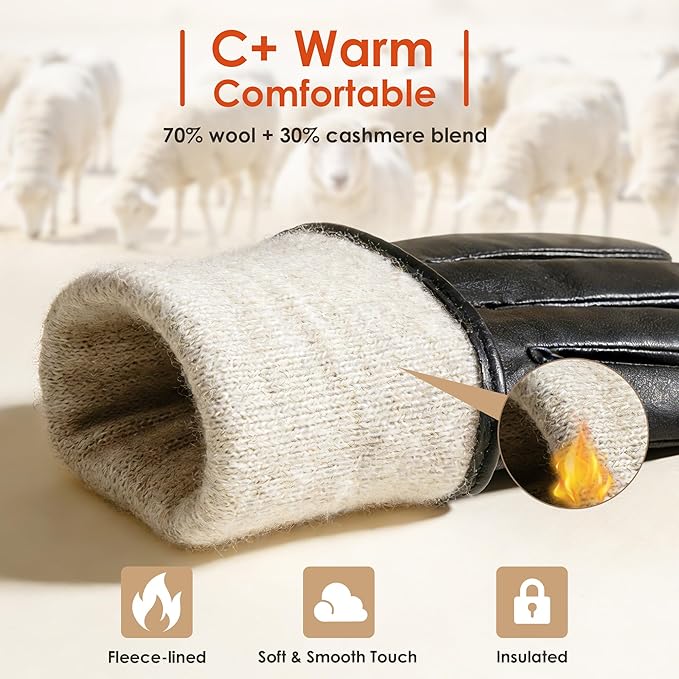 Aegend Winter Gloves Women Leather Gloves, Full Hand Touchscreen Winter Gloves Adjustable Wrist Strap for Driving&Outdoor