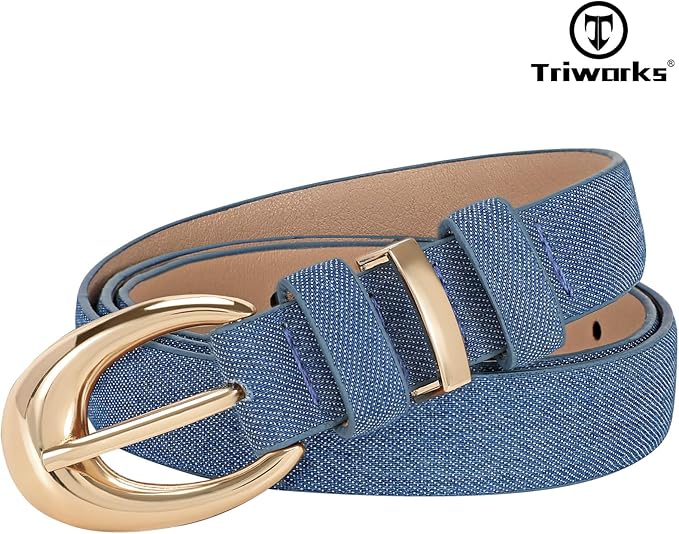 TRIWORKS Women Leather Belt for Jeans Pants Fashion Ladies Skinny Faux Leather Dress belt with Gold Buckle