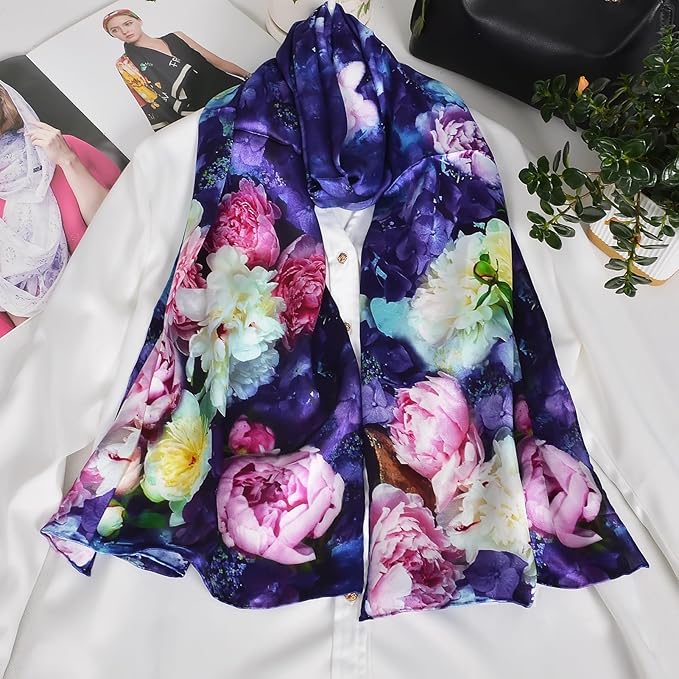100% Mulberry Silk Scarf for Women Neck Oblong Headscarves Long Floral Print Lightweight Silk Wraps Shawls 67"*20"