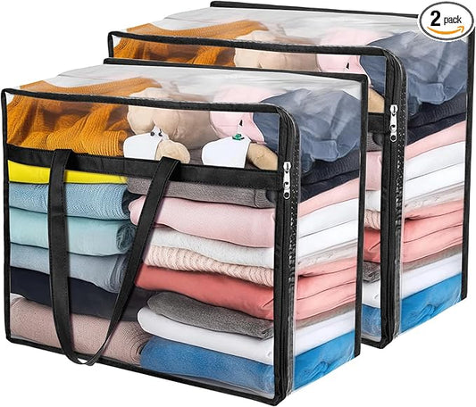 Budding Joy Clear Zippered Storage Bags for Clothes,40L Closet Organizers and Storage Containers Vinyl Moving Bag for Bedding, Linen, Blankets, Comforters, Clothing & Toys, Black, 2 Pack