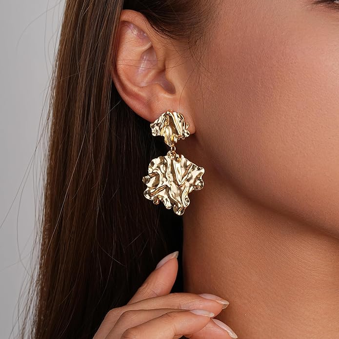 Large Gold Earrings for Women, Chunky Gold Statement Drop Dangle Earring Maple Leave Ginko Leaf Jewelry Gifts