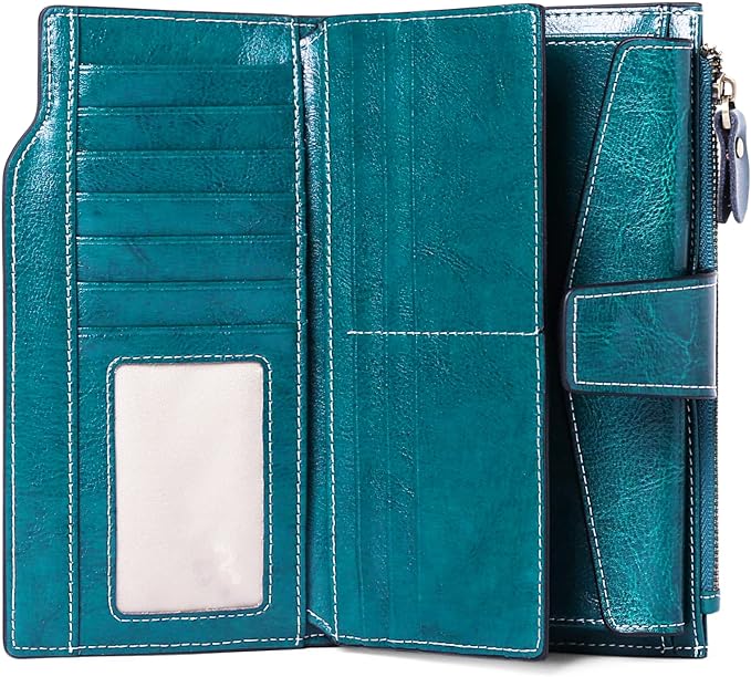 Women's Retro Long Wallet Genuine Leather RFID Blocking Large Capacity Clutch Purse in Brown (Blue)