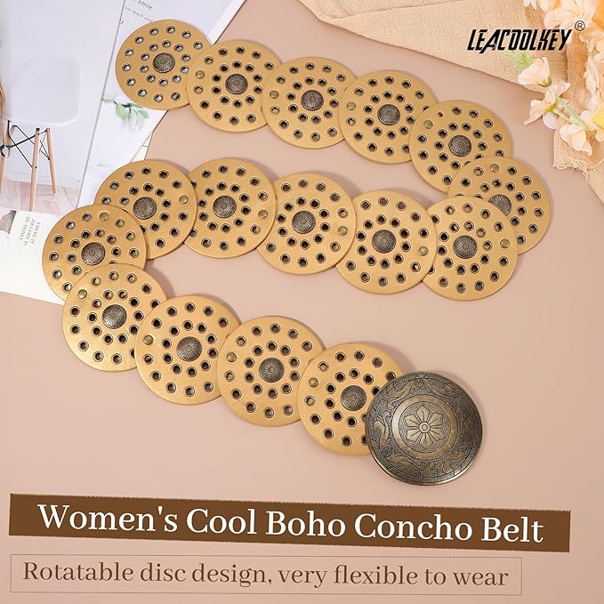 LEACOOLKEY Women's Boho Disc Belt Wide Western Leather Belt Vintage Concho Waist Belts for Dress Jeans
