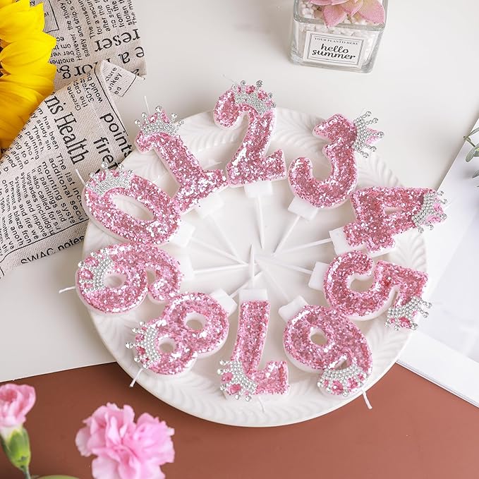 Birthday Number Candles,Pink Crown Birthday Candles for Cake,Glitter Number 3 Candle Cake Topper with Sequins for Girls,Women, Anniversary Celebrations Supplies (Pink 3)