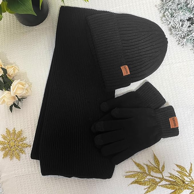 3PCS Winter Beanie Hat Scarf Touchscreen Gloves Set for Men and Women, Knitted Fleece Lined Hats Thermal Gloves Long Scarf