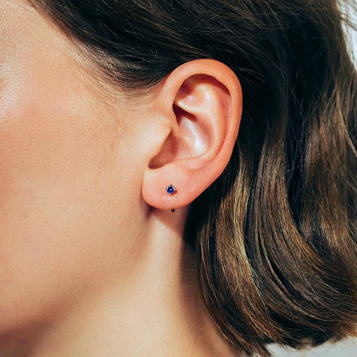 14K Gold Birthstone Huggie Half Hoop Earrings for Women,Round-cut Created Gemstone Minimalist Tiny Earring(4MM*2) Anniversary Birthday Mother's Day Jewelry for Mom Her
