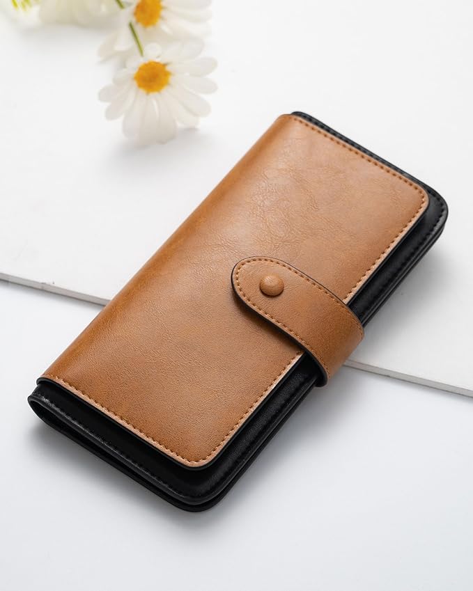 RFID Blocking Leather Wallet for Women, Slim Trifold with 14 Card Slots and Zipper Pocket (Brown&Black)