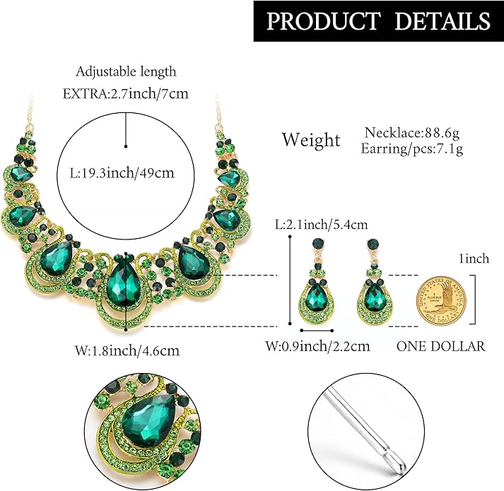 BriLove Women's Costume Fashion Crystal Teardrop Hollow Scroll Statement Necklace Dangle Earrings Set