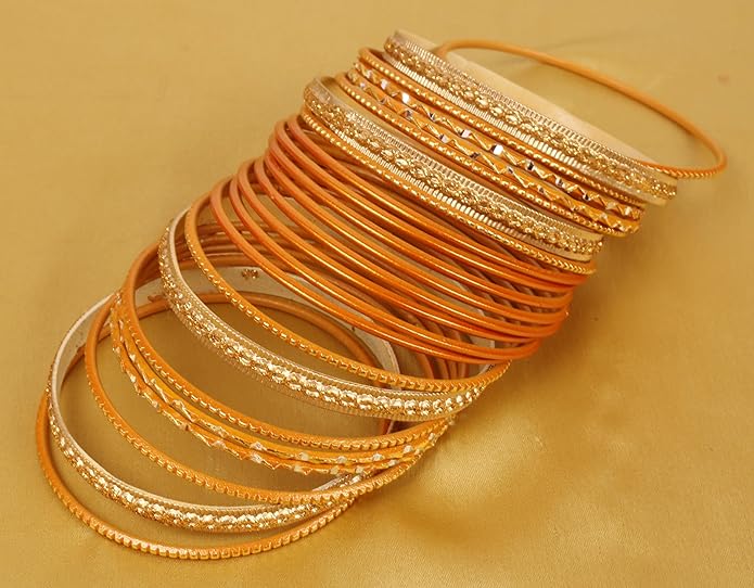 Touchstone Indian Metal Bangles for Women Gold Alloy Bracelets desi 2 Dozen Bangle Collection Bollywood Women's Jewelry Set Multi Stacking Wide Chunky Textured Golden Set of 24 in Gold or White Tone