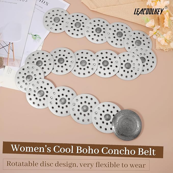 LEACOOLKEY Women's Boho Disc Belt Wide Western Leather Belt Vintage Concho Waist Belts for Dress Jeans