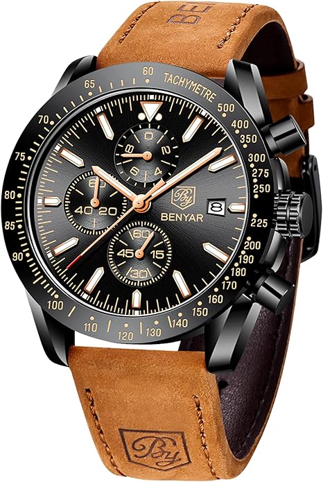 BY BENYAR Watch for Men Analog Quartz Chronograph Waterproof Luminous Designer Mens Wrist Watches Business Work Sport Casual Dress Watch with Silicone Strap Elegant Gifts for Men