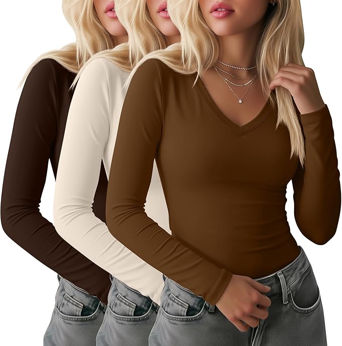 Ficerd 3 Pack Women's Long Sleeve Shirts, V Neck Basic Tees Slim Fitted Casual Fall Tops Going Out Blouses T Shirts