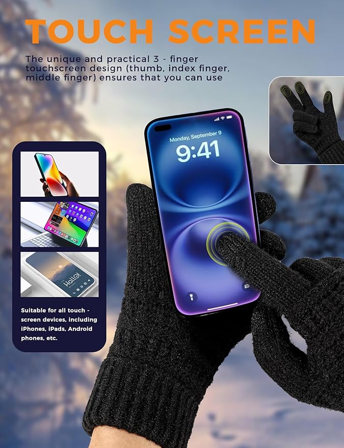 AURUZA Women's Winter Gloves Knit Touch Screen Soft Warm Elastic Full Fingers Glove for Cold Weather One Size Men