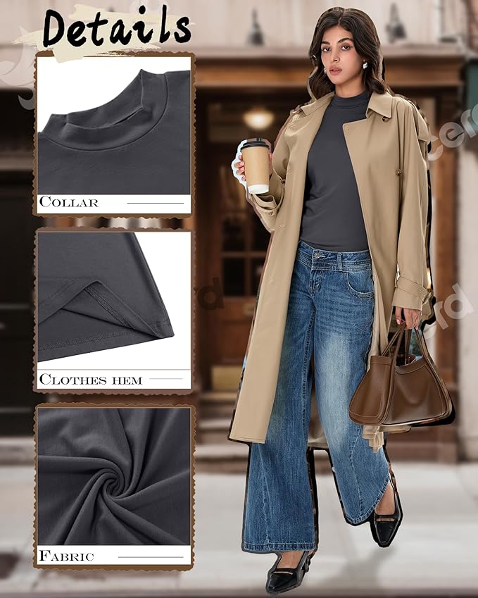 Ficerd 3 Pack Women's Mock Turtleneck Shirts, Long Sleeve Mock Neck Pullover Tops Slim Fitted Stretch Undershirt Tee Blouse