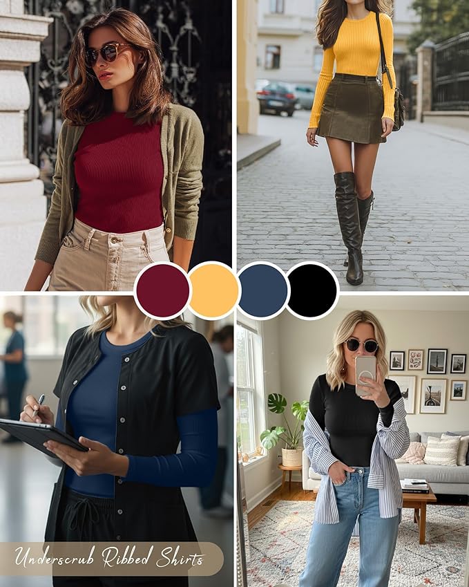 Neer 4 Pack Women's Ribbed Long Sleeve Shirts, Cotton Crew Neck Slim Fit Tops Stretch Knit Casual Base Layer Basic Tee Shirts